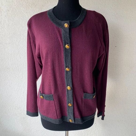 Urban Wool Burgundy/Grey 100% Wool Cardigan M - Picture 11 of 11